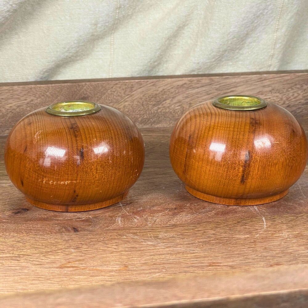 Vintage Ralph A. Bailey Myrtlewood Round Orb Candlestick Holders – Pair of Two